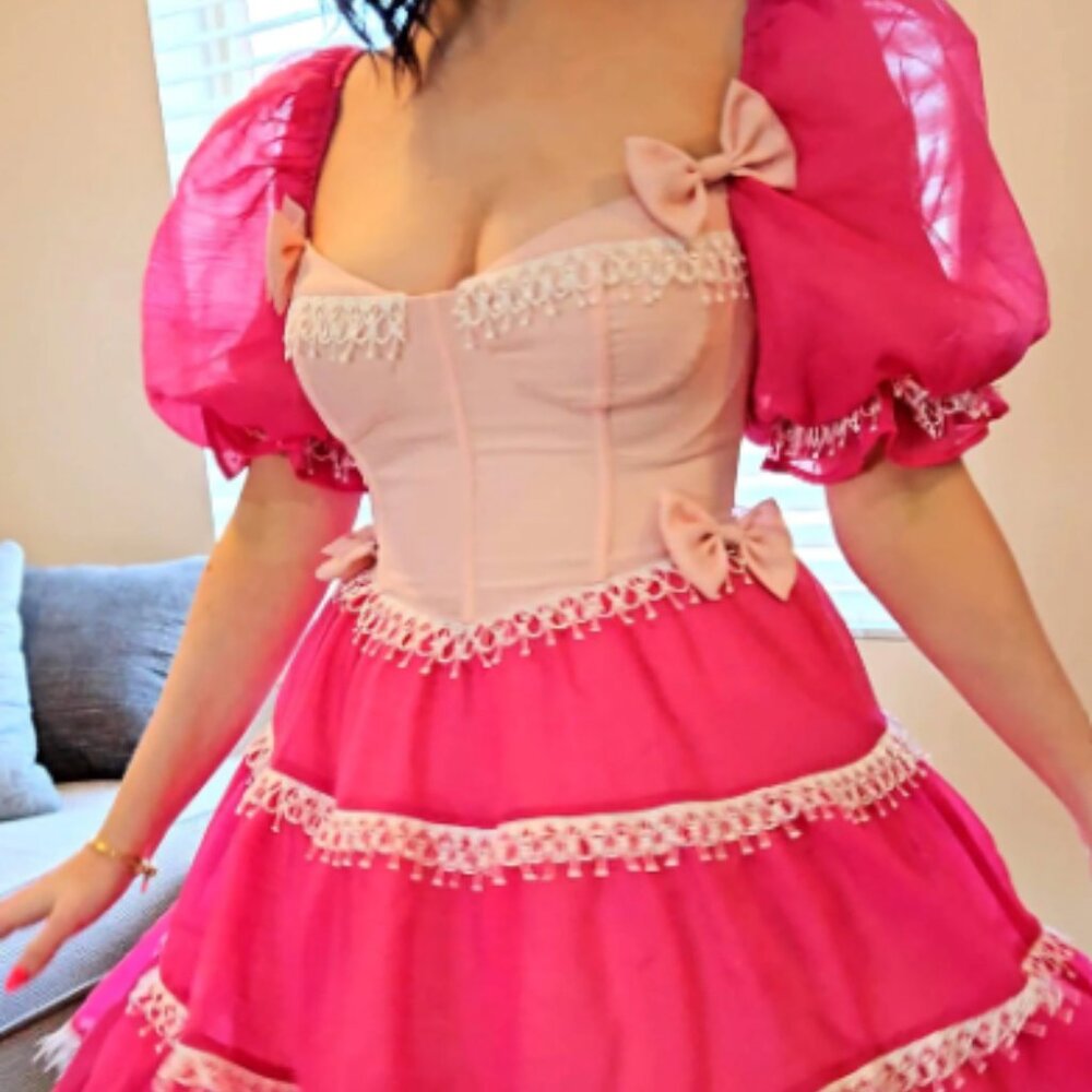 Caroline Pink Dress with Puff Sleeve, lace up back, and puff skirt